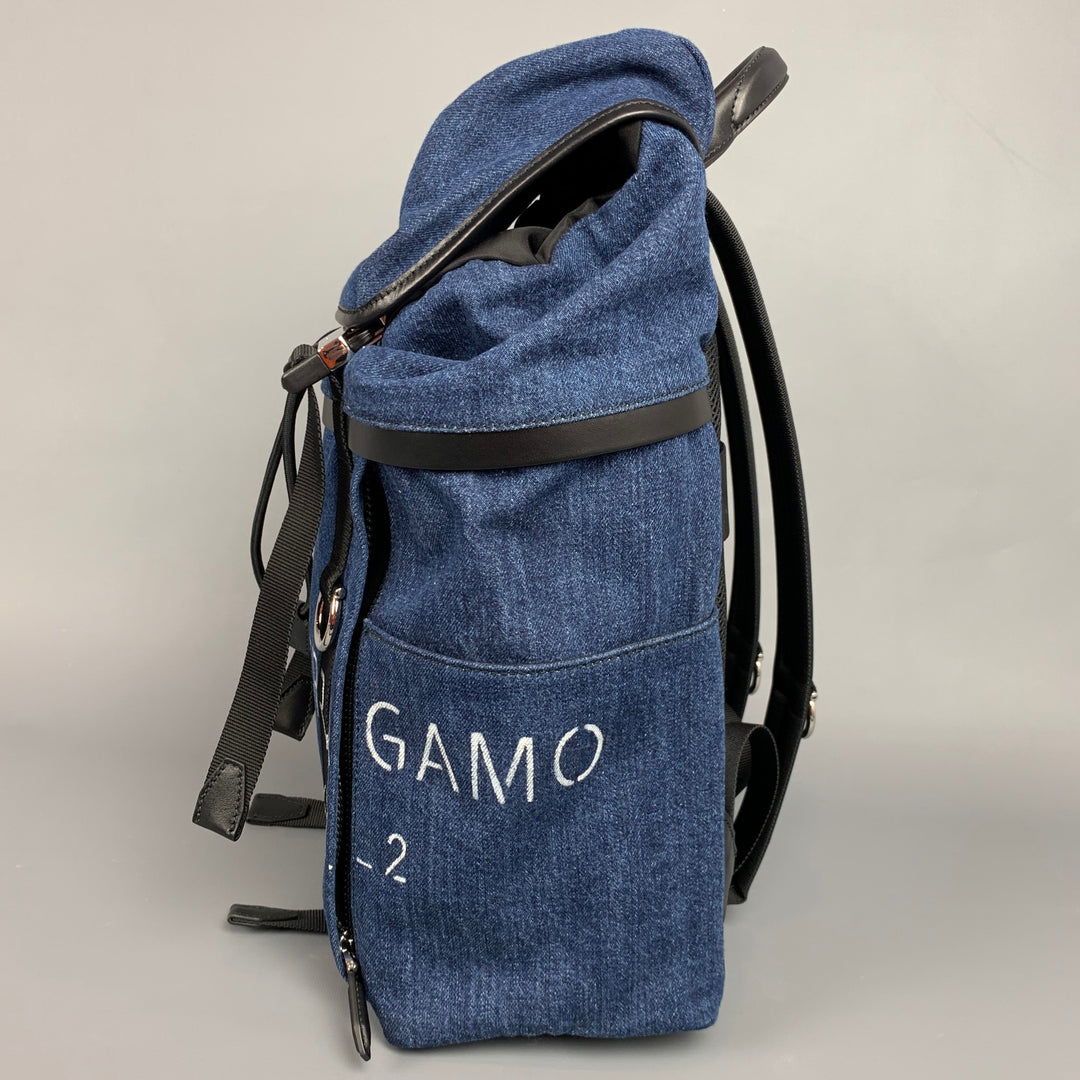 SALVATORE FERRAGAMO Indigo Print Denim Leather Trim Backpack