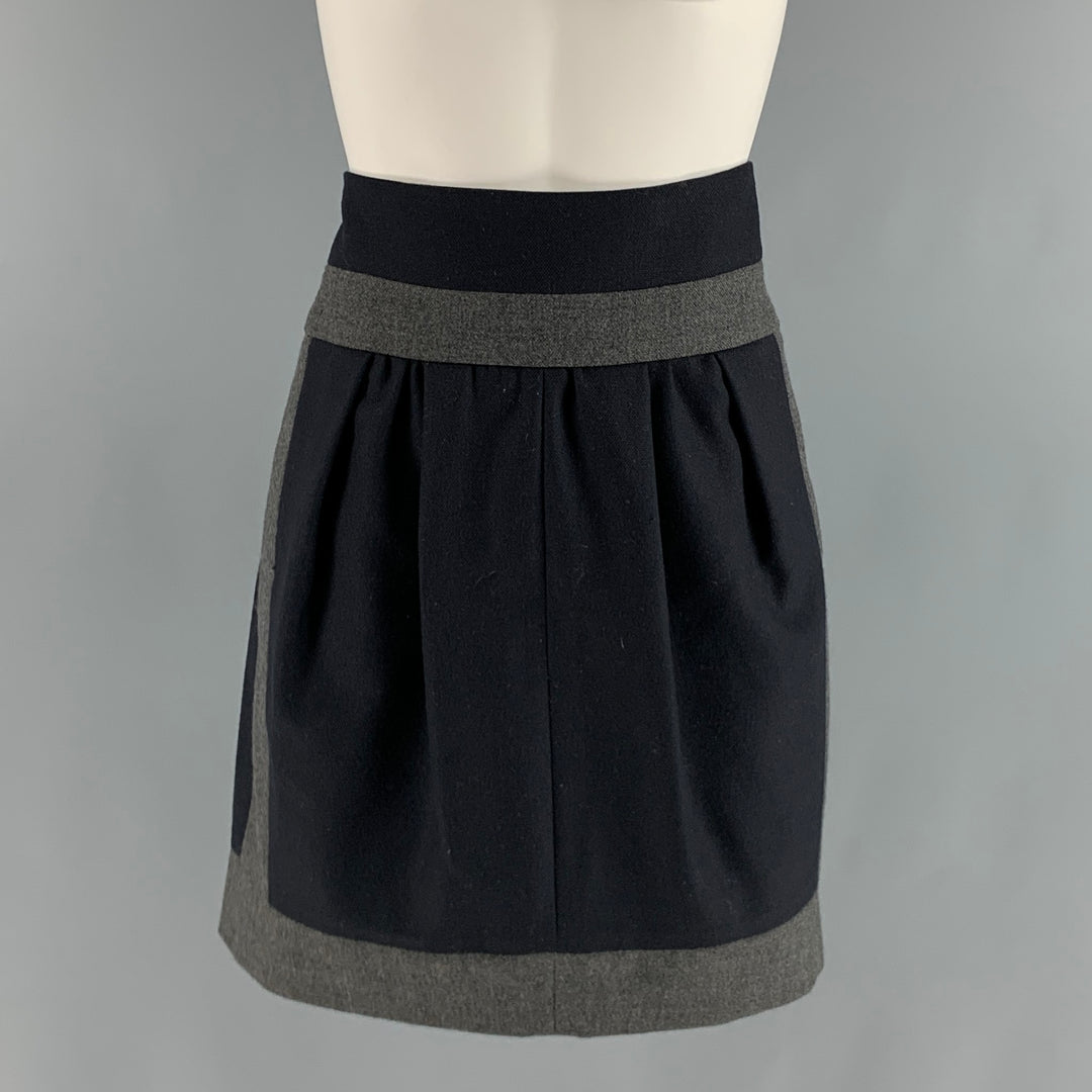 BRUNELLO CUCINELLI Size 6 Navy Grey Virgin Wool Color Block Pleated Skirt