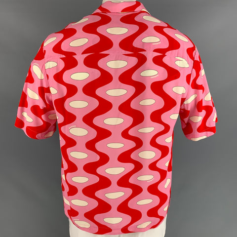 SANDRO Taille L Rose Rouge Imprimé Viscose Boutonné Chemise à Manches Courtes
