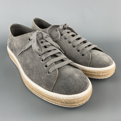 PRADA Size 9.5 Grey Suede Braided Midsole Lace Up Sneakers