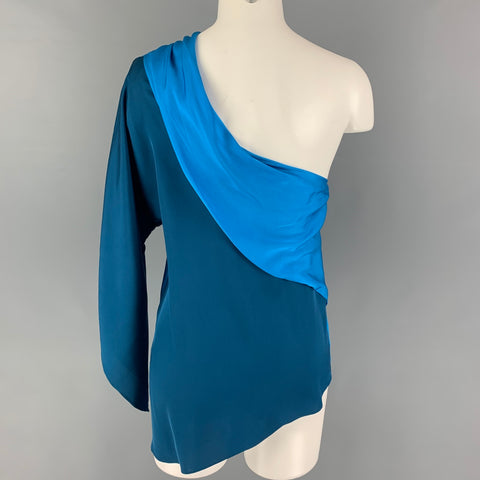 ELIE TAHARI Cobalt Blue Silk Two Tone One Shoulder Blouse