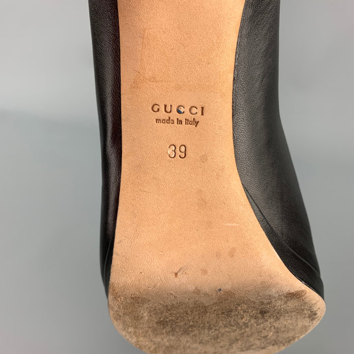 GUCCI Size 9 Black Leather Horsebit Peep Toe Pumps