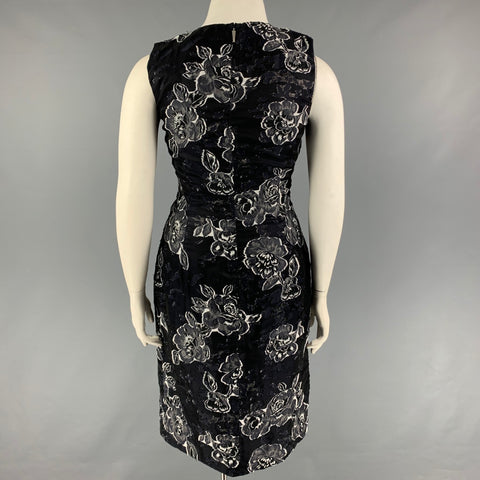 PRABAL GURUNG Size 10 Black Navy Silk Polyester Floral Sleeveless Dress