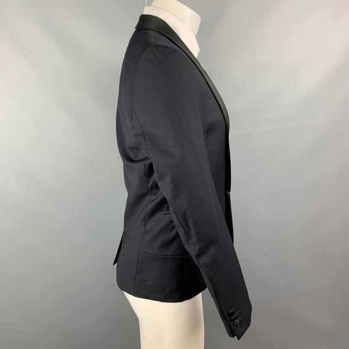 SANDRO Size 38 Navy & Black Wool Shawl Collar Sport Coat
