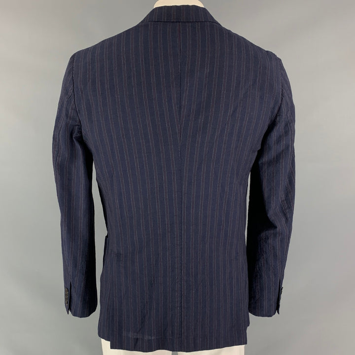 MONTEDORO Chest Size 44 Regular Wool &  Linen Navy Stripe Notch Lapel Sport Coat