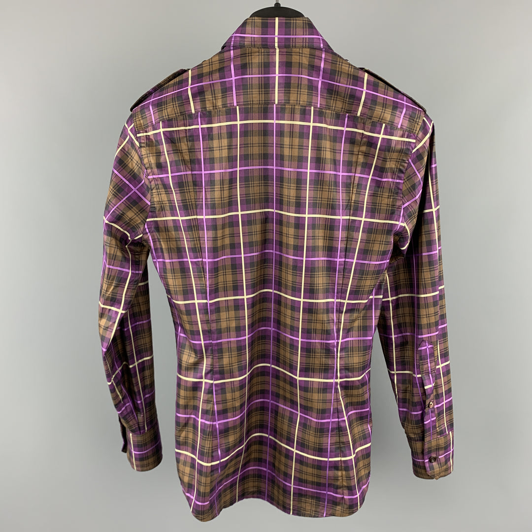 GUCCI Size XS Brown & Purple Plaid Cotton Button Up Patch Pockets Epaulettes Long Sleeve Shirt