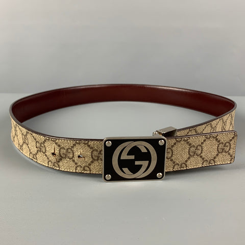GUCCI Size 36 Beige Brown Guccisima Logo Leather Coated Canvas Reversible Belt