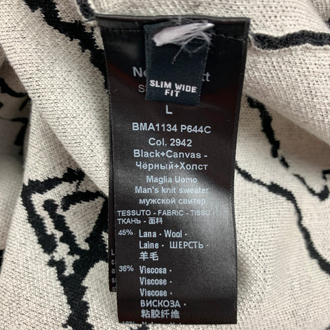 NEIL BARRETT Size L Black White Abstract Wool Viscose Blend Crew-Neck Sweater