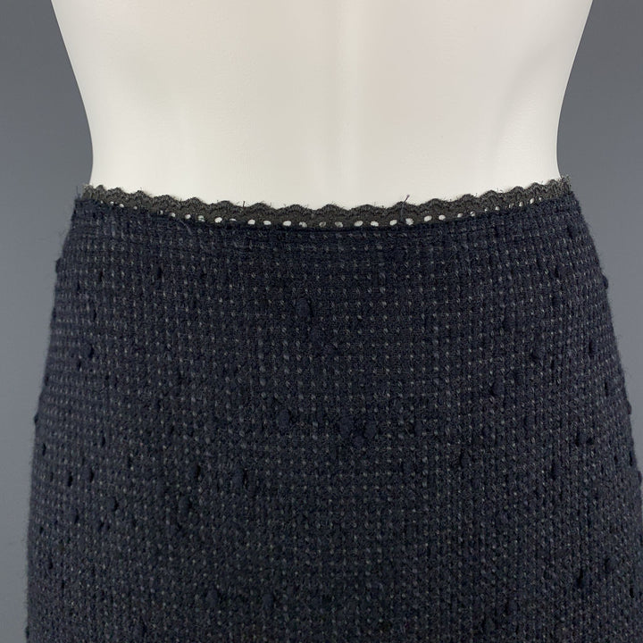 PRADA Size 6 Navy Cotton Blend Textured Tweed Lace Trime A Line Skirt
