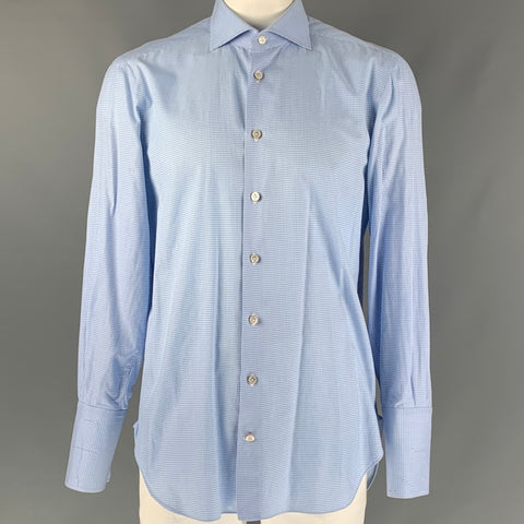 KITON Size XL White & Light Blue Gingham Cotton Button Down Long Sleeve Shirt