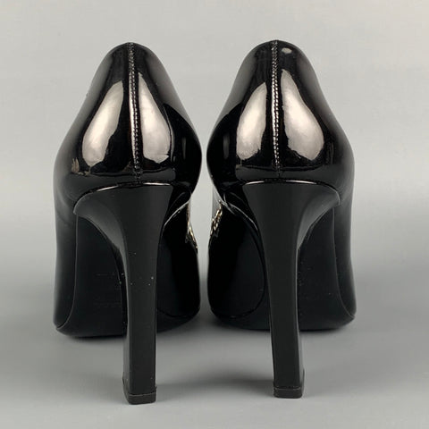 PRADA Size 7 Black Leather Chain Patent Leather Square Toe Pumps
