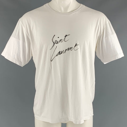 SAINT LAURENT Taille M T-shirt à manches courtes en coton avec logo blanc gris