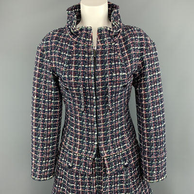 CHANEL FW 2013 Size 2 Navy Multi-Color Tweed High Collar A Line Skirt-Suit