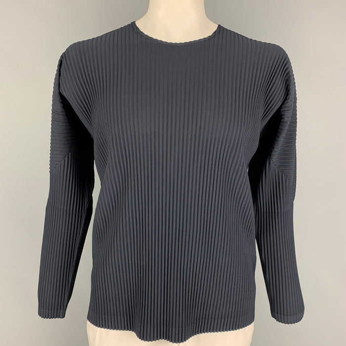 ISSEY MIYAKE HOMME PLISSE Size XL Navy Pleated Polyester Long Sleeve Pullover