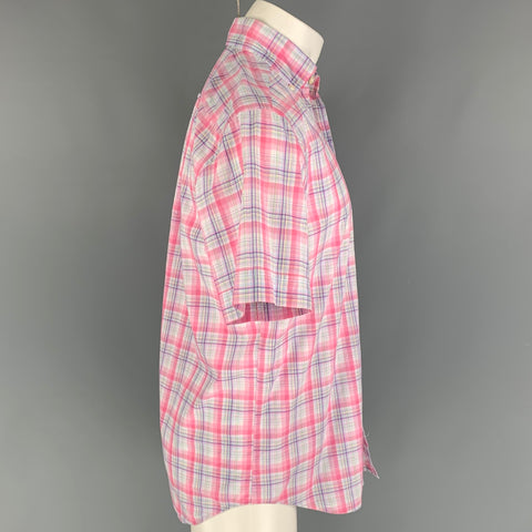 CAFE COTON Size M Pink White Plaid Cotton Short Sleeve Shirt