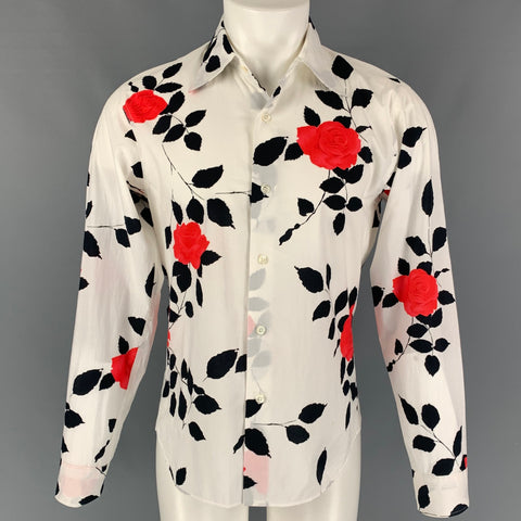 AGNÈS B. Size M White Black Red Floral Cotton Button Up Long Sleeve Shirt