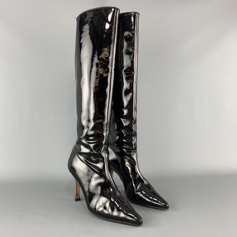 MANOLO BLAHNIK Talla 8 Botas altas hasta la rodilla en punta de charol negro