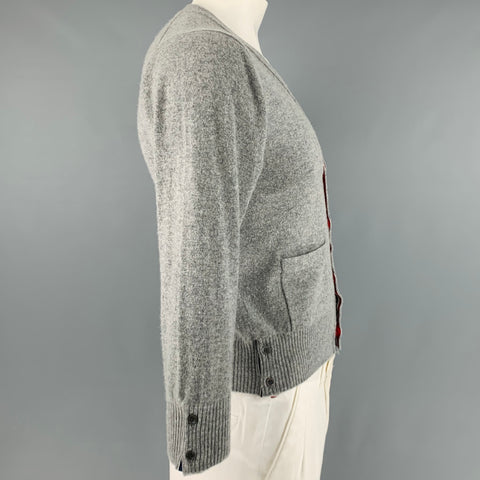 THOM BROWNE Taille L Cardigan Deux Poches en Cachemire Rayé Crème Gris