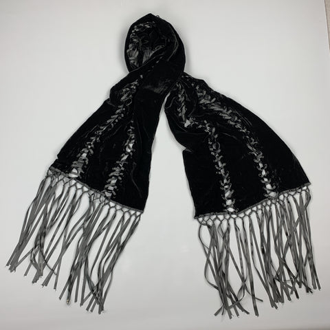 ADRIENNE LANDAU Black Velvet Lace Up Ribbon Fringe Scarf