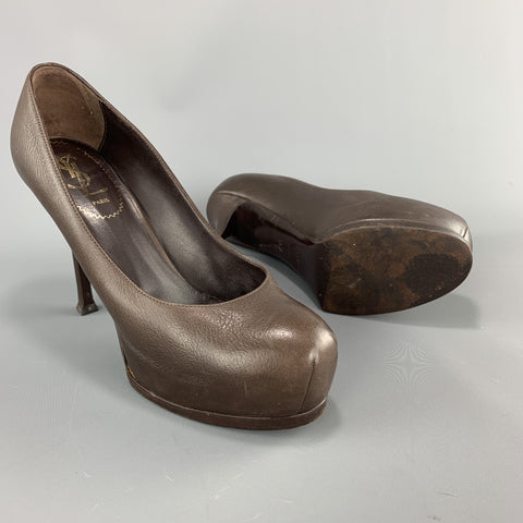 YVES SAINT LAURENT Talla 6.5 Zapatos de tacón con plataforma TRIBUTE de cuero marrón