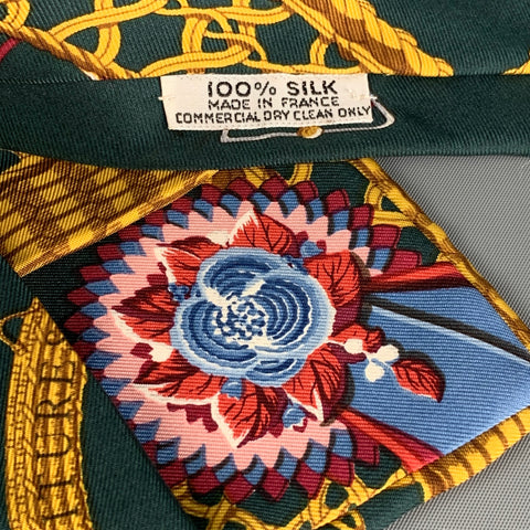 HERMES Green Gold Print Silk Neck Tie