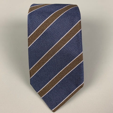 BRUNELLO CUCINELLI Navy Brown Diagonal Stripe Silk Tie