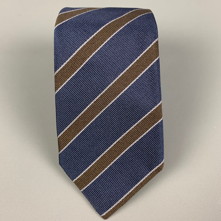 BRUNELLO CUCINELLI Navy Brown Diagonal Stripe Silk Tie