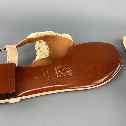 LANVIN Size 10 Beige Leather Faux Pearl Crochet Thong Sandals