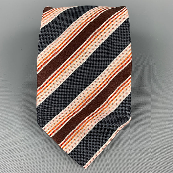 ERMENEGILDO ZEGNA Charcoal & Brown Diagonal Stripe Silk Tie