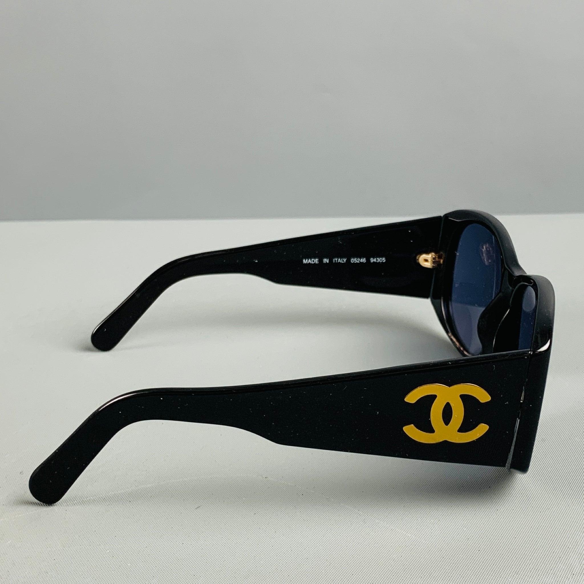 CHANEL Black Gold Logo Acetate Sunglasses Sui Generis Designer Consignment