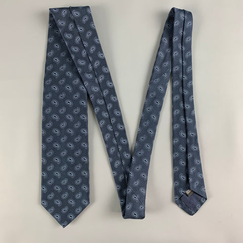 DRAKES LONDON Navy Light Blue Paisley Silk Tie