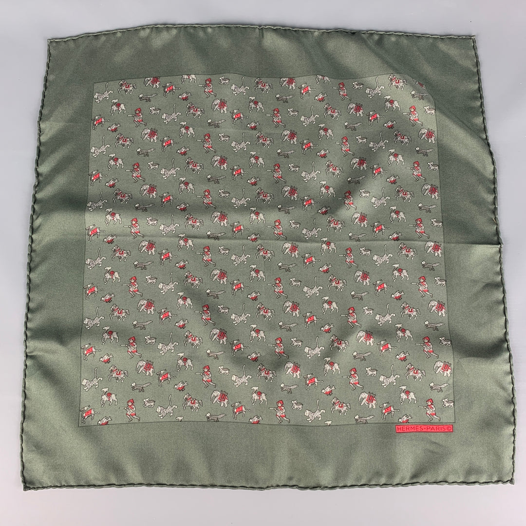 HERMES Green Red Print Silk Pocket Square
