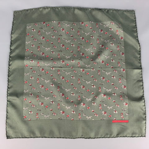 HERMES Green Red Print Silk Pocket Square