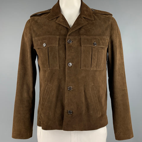 SAINT LAURENT Taille 44 Veste à épaulettes en cuir marron