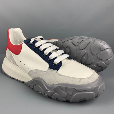 ALEXANDER MCQUEEN Size 11 White Red Blue Color Block Leather Lace Up Sneakers