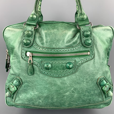 BALENCIAGA Distressed Green Leather Top Handles Handbag