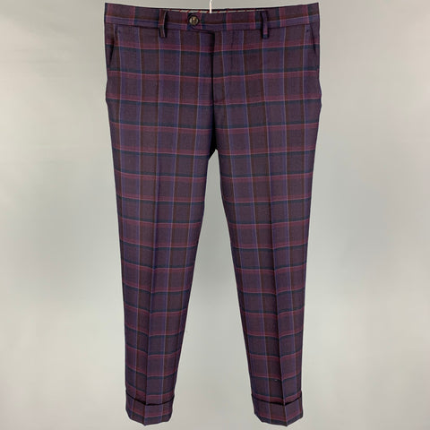 ETRO Taille 32 Pantalon habillé en laine et soie à carreaux violet marron avec braguette zippée