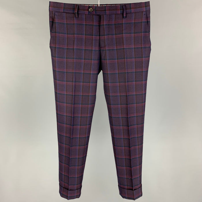 ETRO Size 32 Purple Brown Plaid Wool Silk Zip Fly Dress Pants