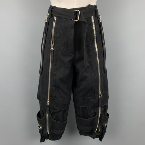 DRIES VAN NOTEN Taille 4 Pantalon décontracté court en laine / coton noir avec ceinture