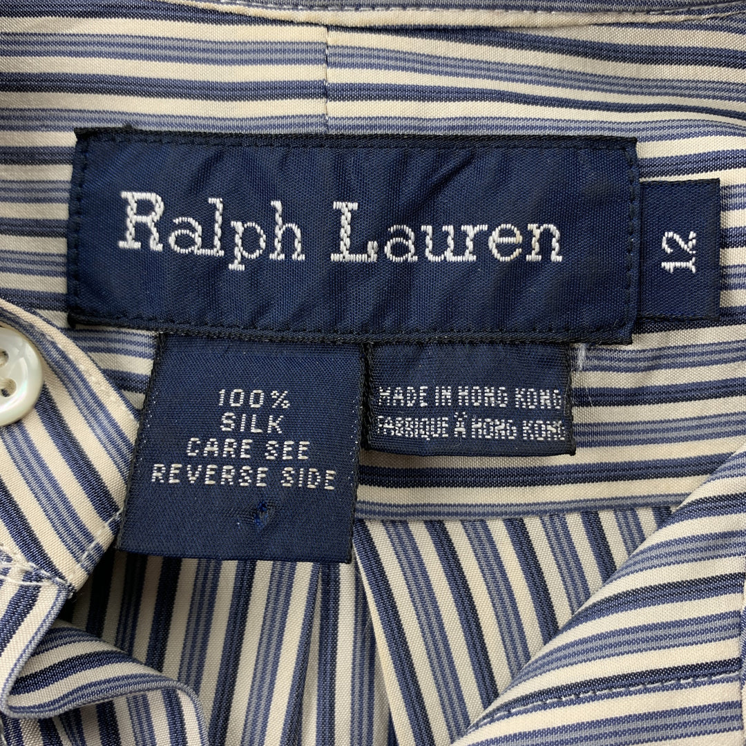RALPH LAUREN Size 12 Light Blue Stripe Silk Oversized Blouse