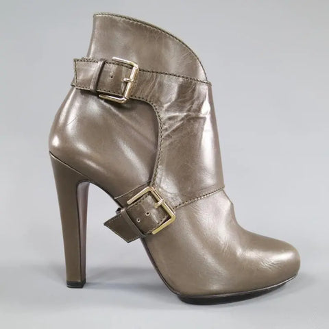 ETRO Size 9 Olive Taupe Green Leather Harness Platform Booties ETRO