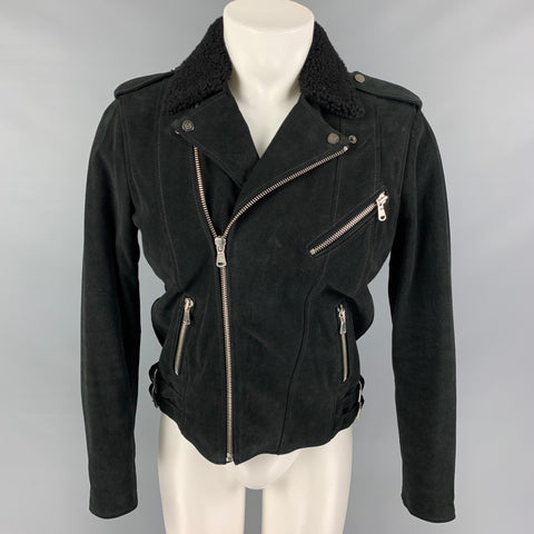 THE KOOPLES Size M Black Leather Shearling Collar Biker Jacket