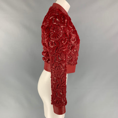 LA PERLA Size 0 Red & White Faux Fur Polyester / Cotton Embroidered Bomber Jacket