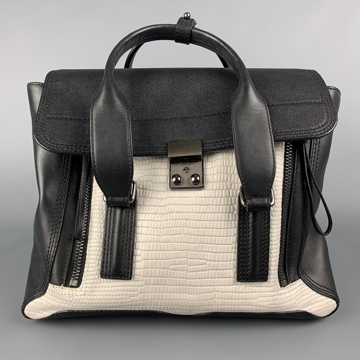 3.1 PHILLIP LIM Black & White Textured Embossed Leather Cross Body Pashli Medium Satchel Handbag
