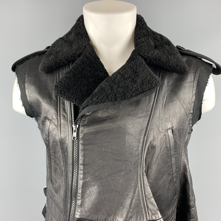 YOHJI YAMAMOTO Size M Black Leather Solid Sheep Skin Biker Vest (Outerwear)