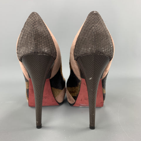BALDAN Talla 8 Zapatos de tacón peep toe con plataforma de pelo de caballo con estampado de tigre y ante marrón
