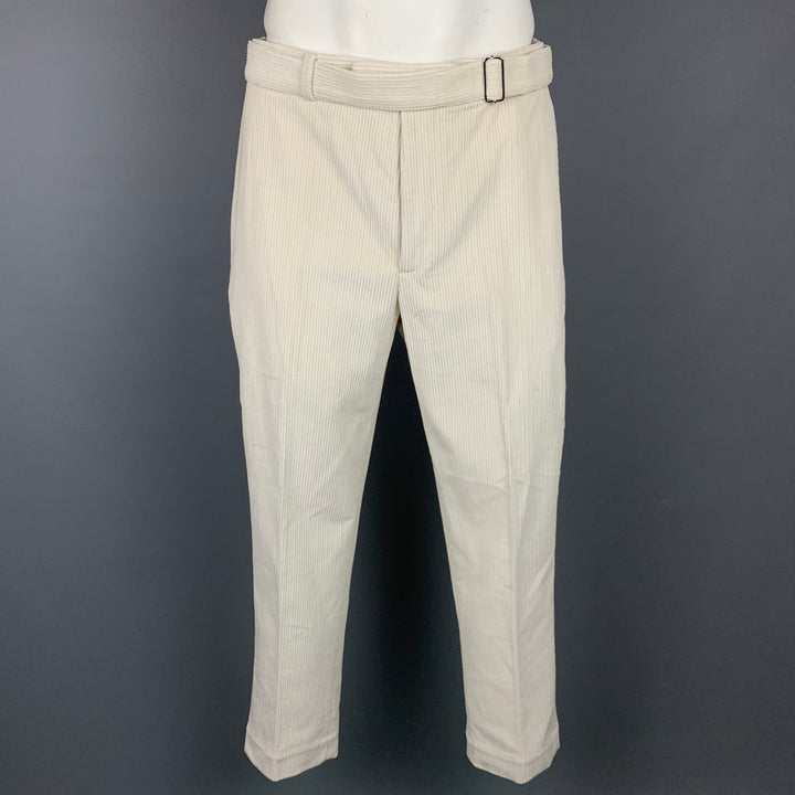 OFFICINE GENERALE Owen Talla 34 Pantalones casuales con cinturón de algodón de pana blanco roto