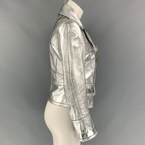 DSQUARED2 Size 6 Silver Leather Black Trim Biker Jacket