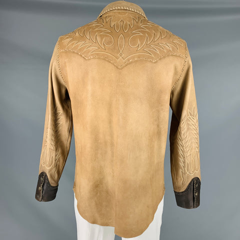 RALPH LAUREN Size L Tan Brown Embroidery Leather Western Long Sleeve Shirt