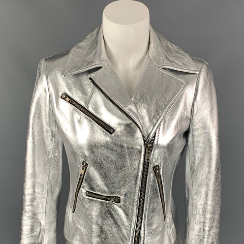 Chaqueta motera de cuero metalizado plateado talla S ALC